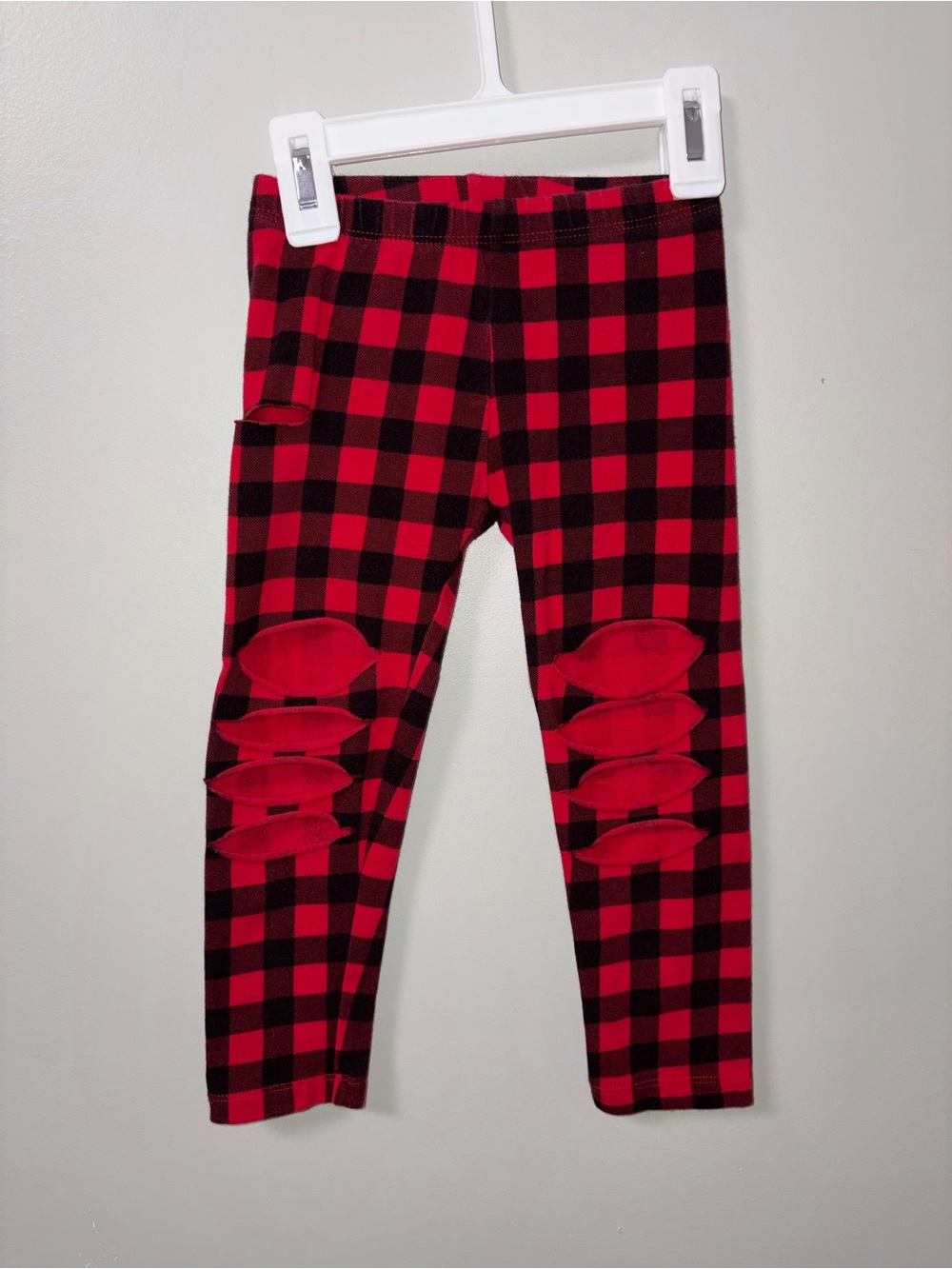 Old Navy Red Black Buffalo Plaid Check Distressed Hole Leggings 3T Christmas